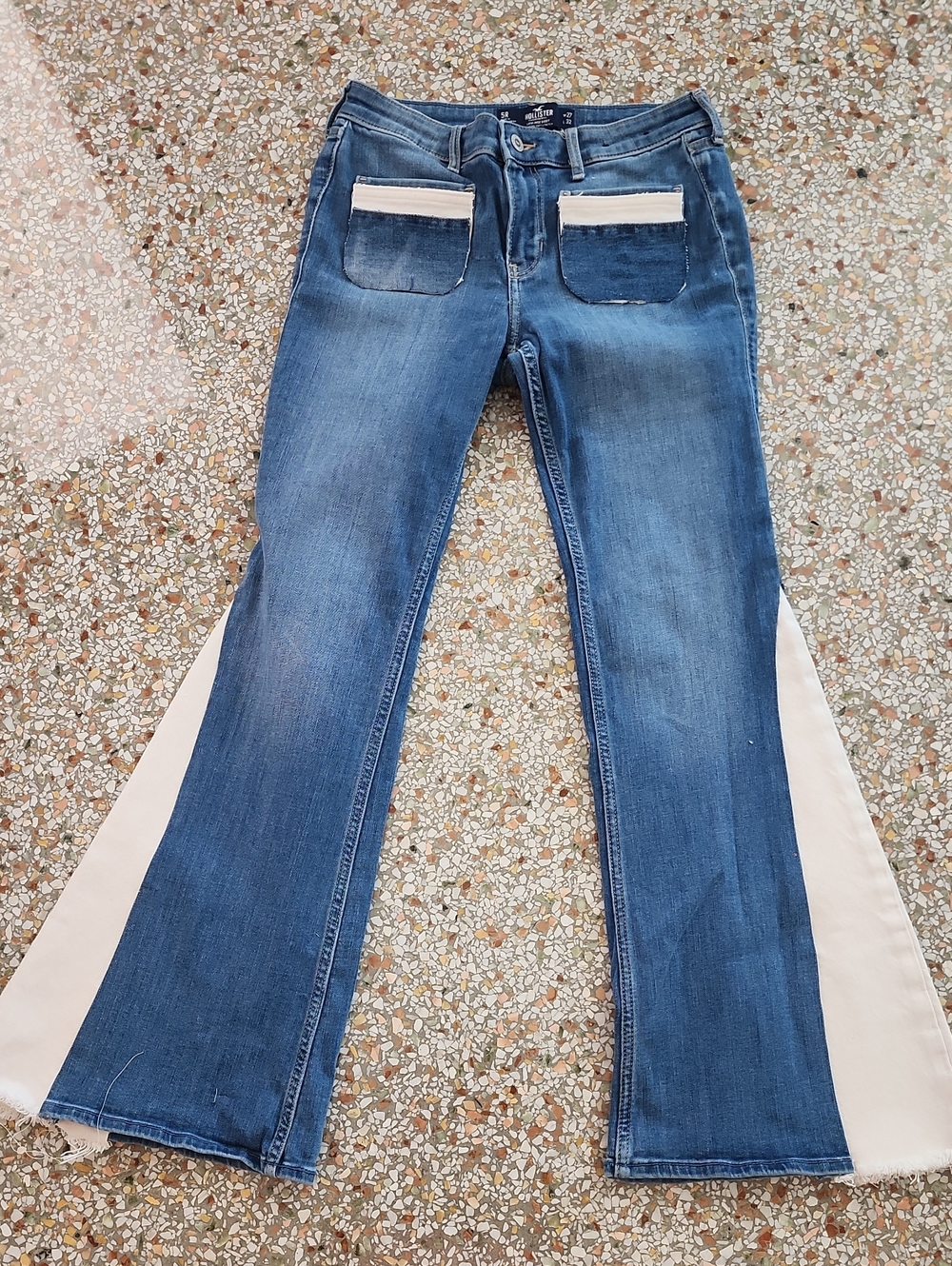 Women's Blue Flare Jeans with Cream Side Panels